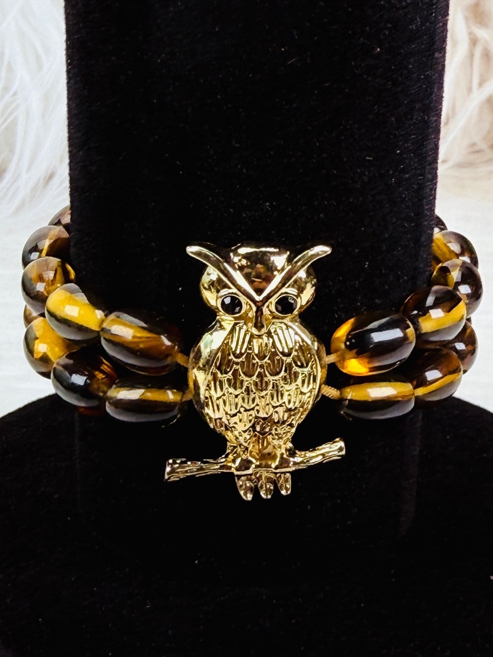 Goldtone Brown Beaded Owl Charm Stretch Bracelet